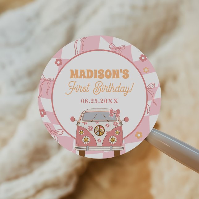 Daisy & Retro Van Pastel Groovy 1st Birthday Classic Round Sticker (Creator Uploaded)