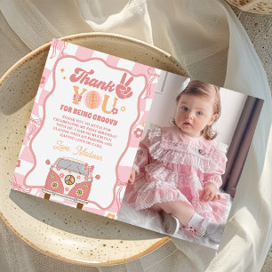 Daisy & Retro Van Pastel Groovy 1st Birthday Photo Thank You Card