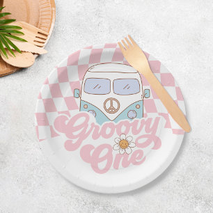 Daisy & Retro Van Pink Groovy One 1st Birthday Paper Plate