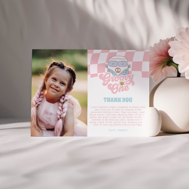 Daisy & Retro Van Pink Groovy One 1st Birthday Thank You Card (Creator Uploaded)