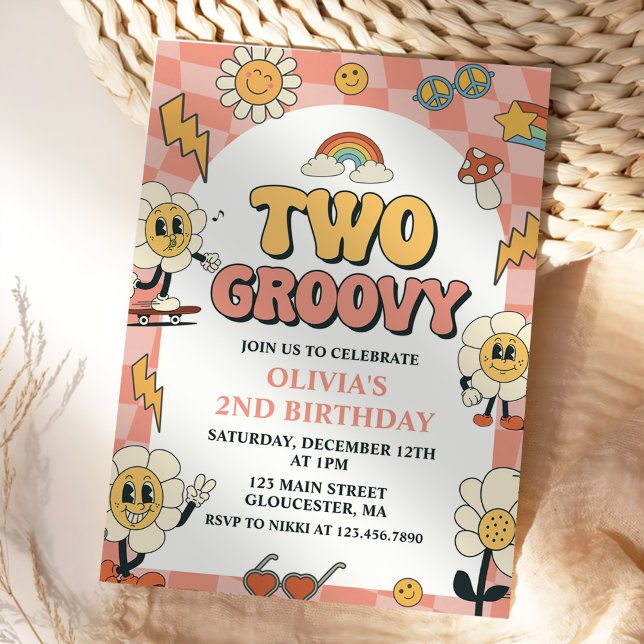 Daisy & Retro Van Pink Two Groovy 2nd Birthday Invitation (Creator Uploaded)