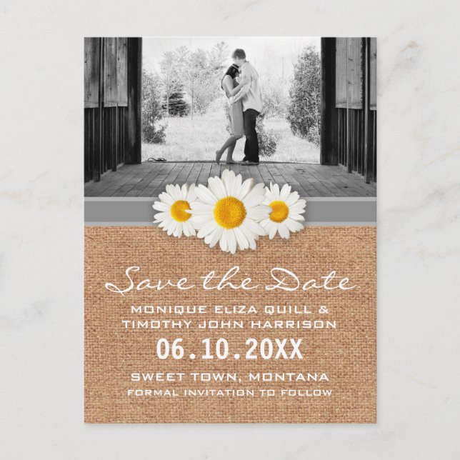 Daisy Ribbon - Burlap Grey & White Save the Date Announcement Postcard (Front)