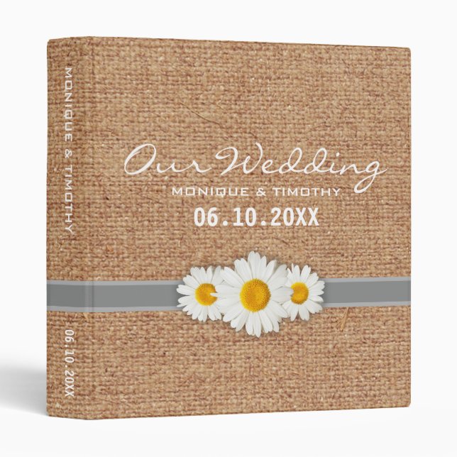 Daisy Ribbon Burlap - Yellow Grey & White Wedding Binder (Front/Spine)
