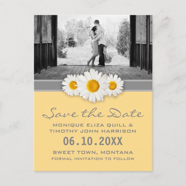 Daisy Ribbon - Yellow Grey & White Save the Date Announcement Postcard (Front)