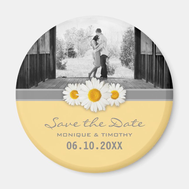Daisy Ribbon - Yellow Grey & White Save the Date Magnet (Front)