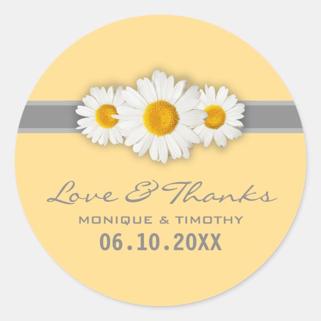 Daisy Ribbon - Yellow Grey & White Thank You Classic Round Sticker (Front)