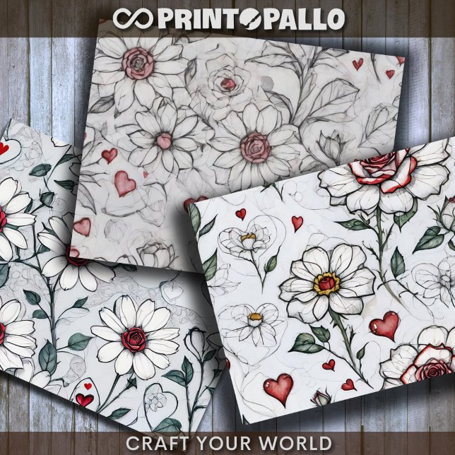 Daisy, roses with little red hearts for decoupage wrapping paper sheet (Creator Uploaded)