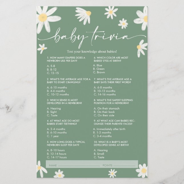 Daisy Sage Green Baby Trivia, Baby Shower Game (Front)
