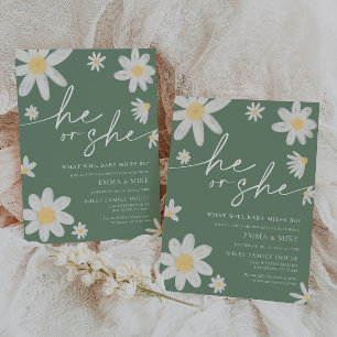 Daisy Sage Green Gender Reveal He or She Invitation