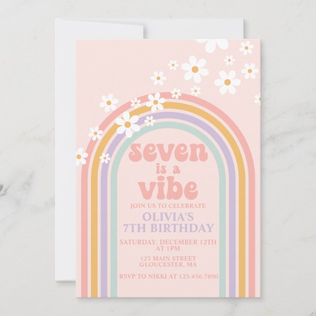 Daisy Seven is a Vibe Pastel rainbow 7th birthday Invitation (Front)