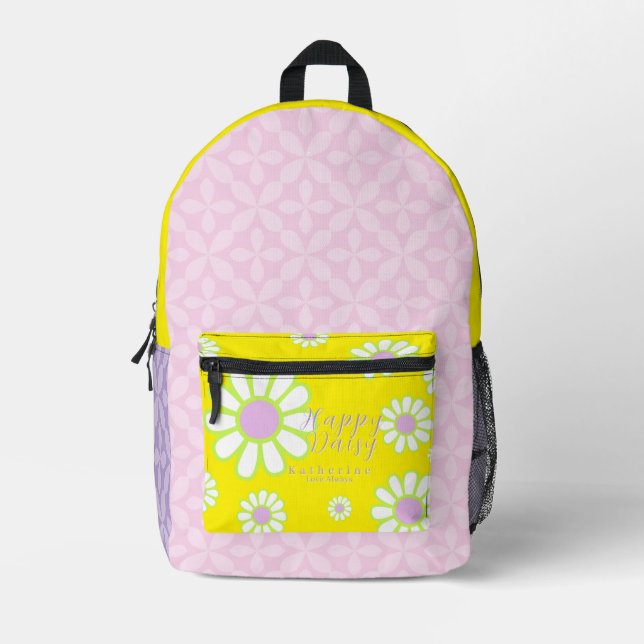 Daisy Simple Yellow Purple Pink Printed Backpack (Front)