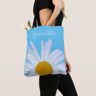Daisy Sky Blue Elegant White Script Tote Bag