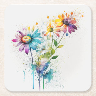Daisy Spatter, vivid colours,  Square Paper Coaster