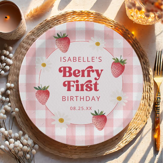Daisy Strawberry Berry First 1st Birthday Paper Plate (Creator Uploaded)