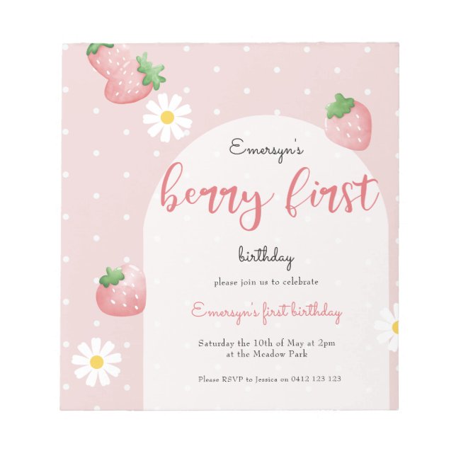 Daisy Strawberry Berry First Birthday Invitation Notepad (Front)