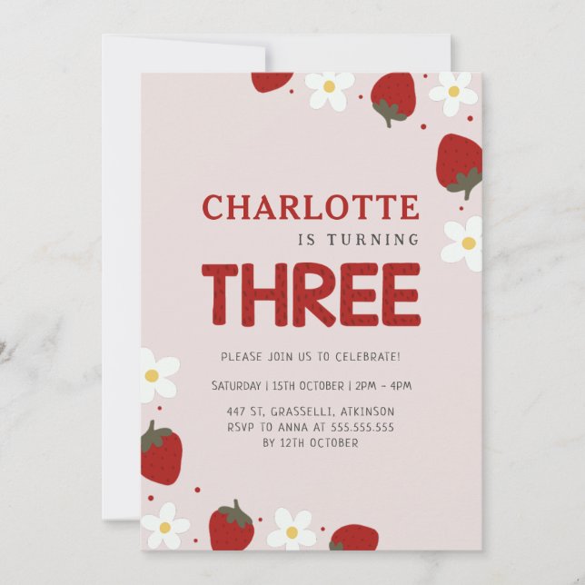 Daisy Strawberry Light Grey 3rd Summer Birthday Invitation (Front)