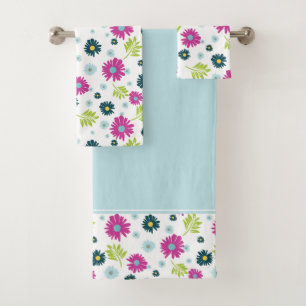 Daisy Stylized Pink Blue Flower Pattern Bath Towel Set