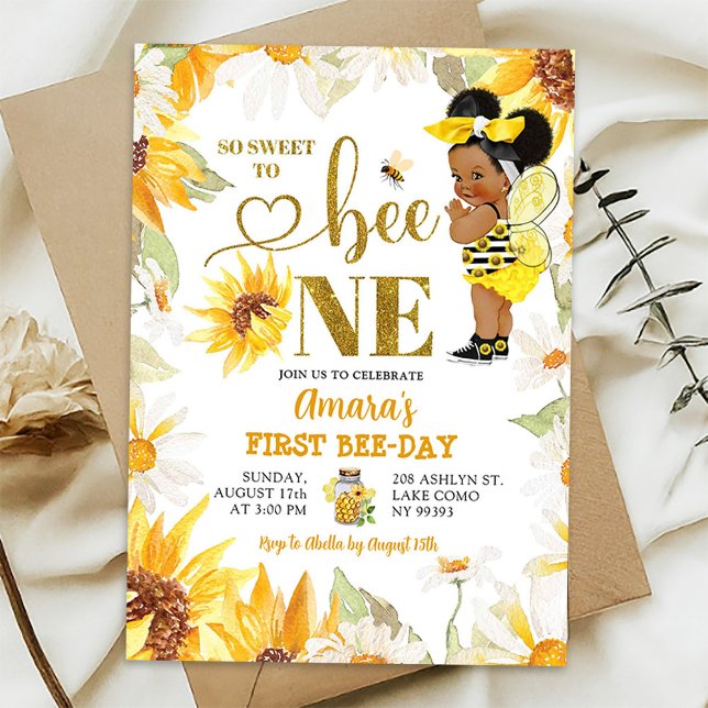 Daisy Sunflower Afro Girl First BeeDay Birthday Invitation (Creator Uploaded)