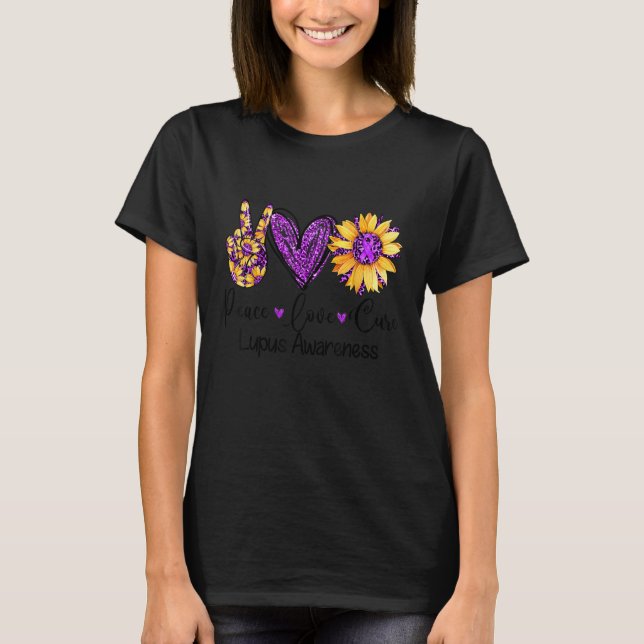 Daisy Sunflower Peace Love Cure Purple Lupus Aware T-Shirt (Front)