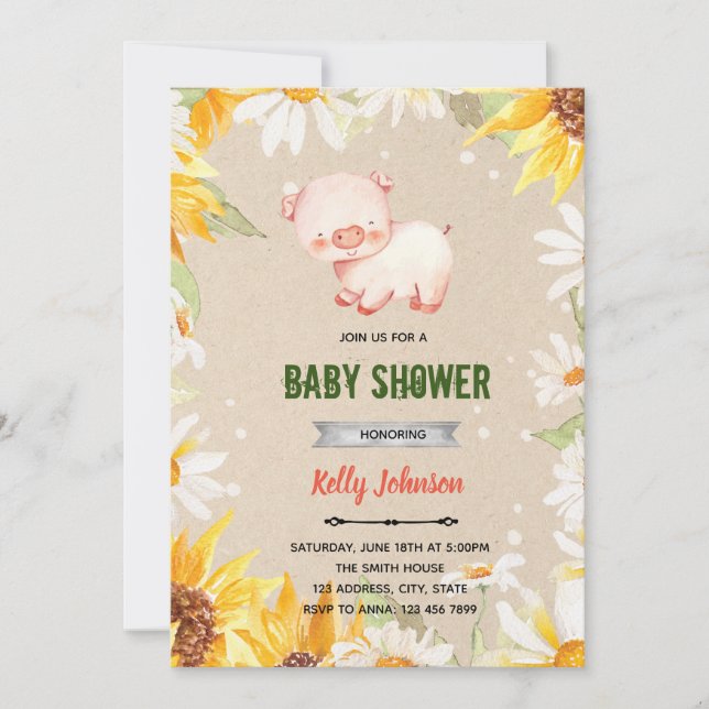 Daisy sunflower pig shower birthday invitation (Front)