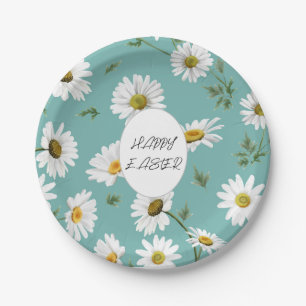Daisy Teal Floral Colourful Pattern Easter Spring Paper Plate