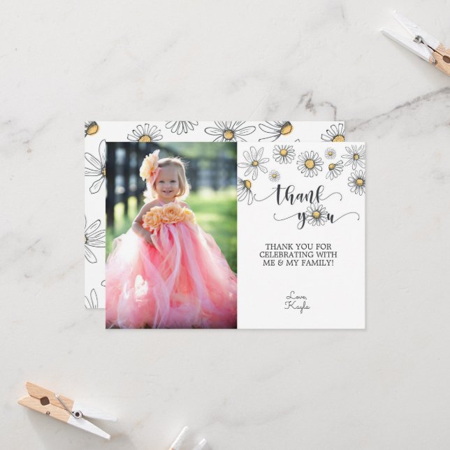 Daisy Thank You Photo Card - White (Front/Back In Situ)