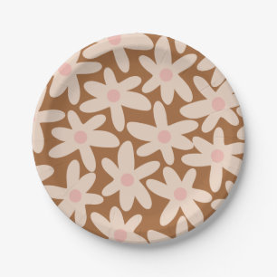 Daisy Time Cute Floral Pattern Brown and Blush Paper Plate