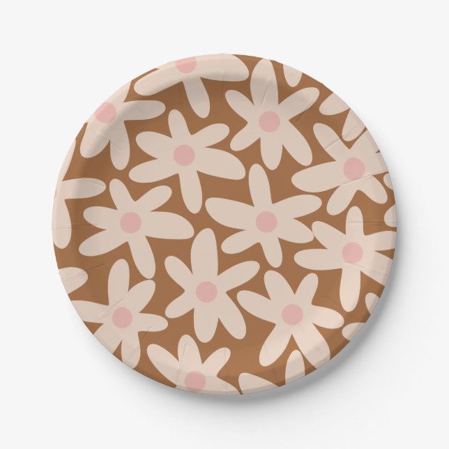 Daisy Time Cute Floral Pattern Brown and Blush Paper Plate (Front)