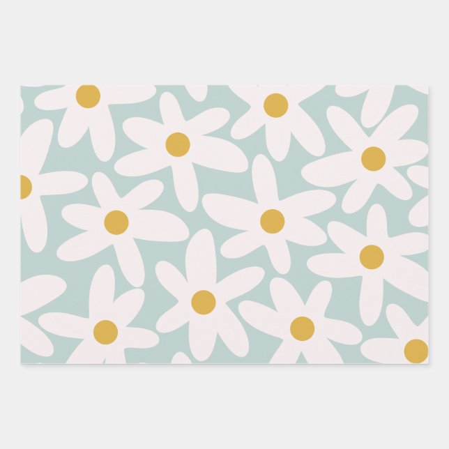 Daisy Time Cute Retro Floral Pattern Ice Blue Wrapping Paper Sheet (Front 2)