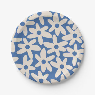 Daisy Time Cute Retro Floral Pattern in Blue Paper Plate