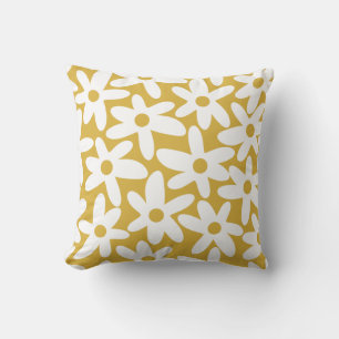 Daisy Time Cute Retro Floral Pattern Mustard White Throw Pillow