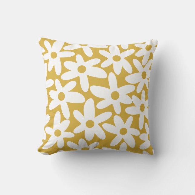 Daisy Time Cute Retro Floral Pattern Mustard White Throw Pillow (Front)