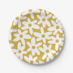 Daisy Time Cute Retro Modern Flowers in Mustard Paper Plate