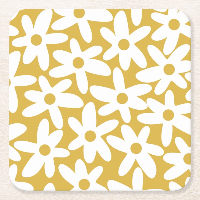 Daisy Time Cute Retro Modern Flowers in Mustard Square Paper Coaster (Front)