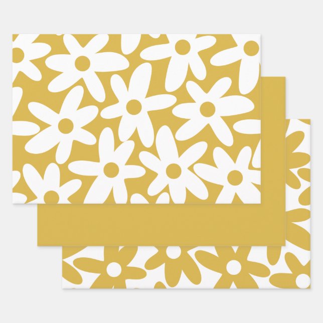 Daisy Time Cute Retro Modern Flowers in Mustard Wrapping Paper Sheet (Set)