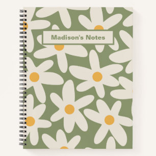 Daisy Time Retro Flower Pattern Sage Green Notebook