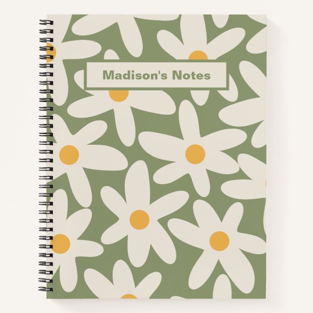 Daisy Time Retro Flower Pattern Sage Green Notebook (Front)