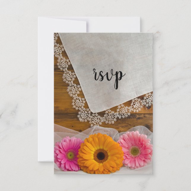 Daisy Trio and Lace Country Barn Wedding RSVP Card (Front)