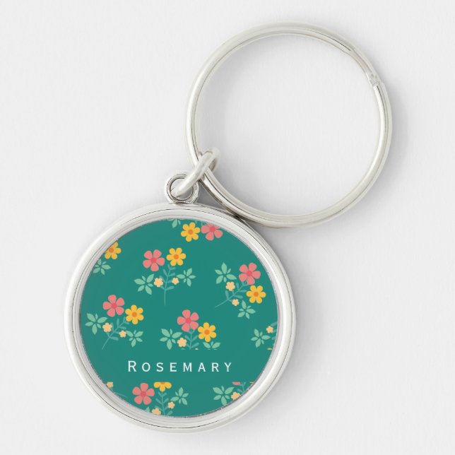 Daisy Vintage Bouquet Pattern in Green  Keychain (Front)