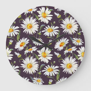 Daisy Watercolor: Dark Floral Seamless Large Clock