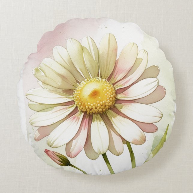 Daisy Watercolor Flower Modern Professional Round Pillow (Front)