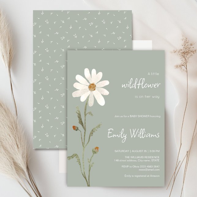 Daisy watercolor minimalistic baby shower  invitation (Daisy wildflower watercolor baby in bloom floral shower invitation in sage colors, rustic, boho)