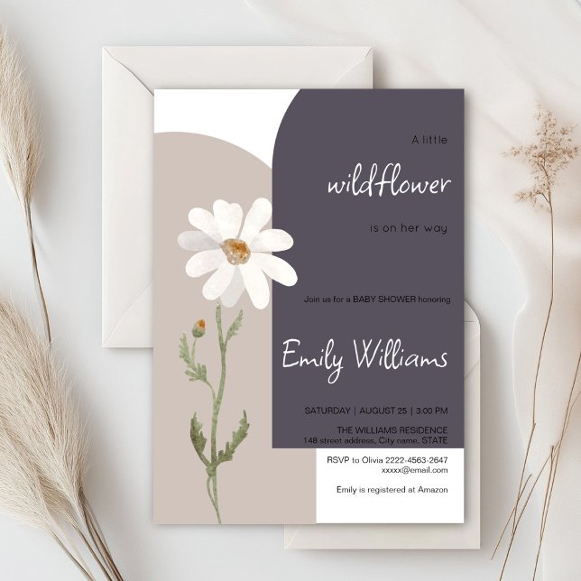 Daisy watercolor minimalistic baby shower  invitation (Daisy wildflower watercolor baby in bloom floral shower invitation in purple colors, rustic, boho)
