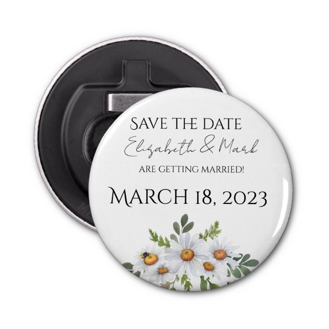 Daisy wedding Save the date bottle opener (Front)