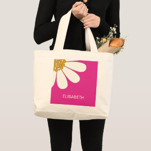 Daisy White Floral Design Personalize Name Large Tote Bag