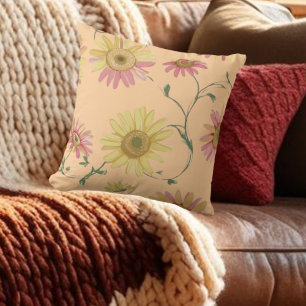Daisy Wild flower Pink & Yellow Pattern on Throw Pillow