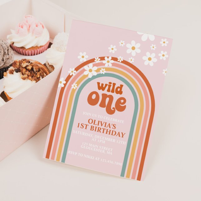 Daisy Wild One boho floral rainbow first birthday Invitation (Creator Uploaded)