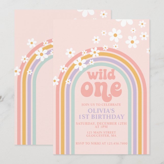 Daisy Wild One boho floral rainbow first birthday  Invitation (Front/Back)