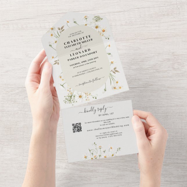 Daisy Wildflower Wedding Qr code Rsvp All In One Invitation (Tearaway)