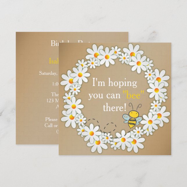 Daisy Wreath and Flying Bumble Bee Birthday Invitation (Front/Back)
